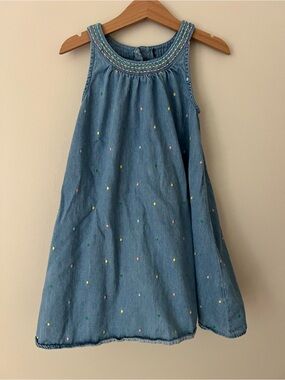 Girls Blue Denim Pastel Colors Dot Embroidered Sleeveless Dress Size 4/5